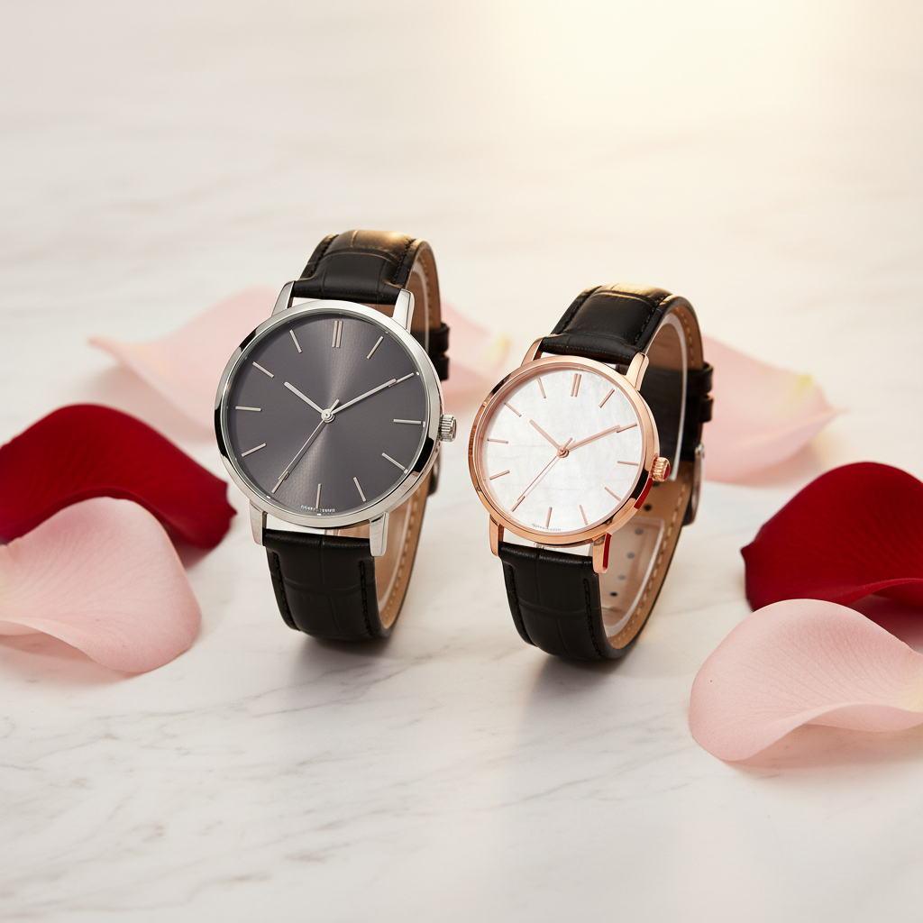 POSITIF matching couple watch set his and her on marble surface