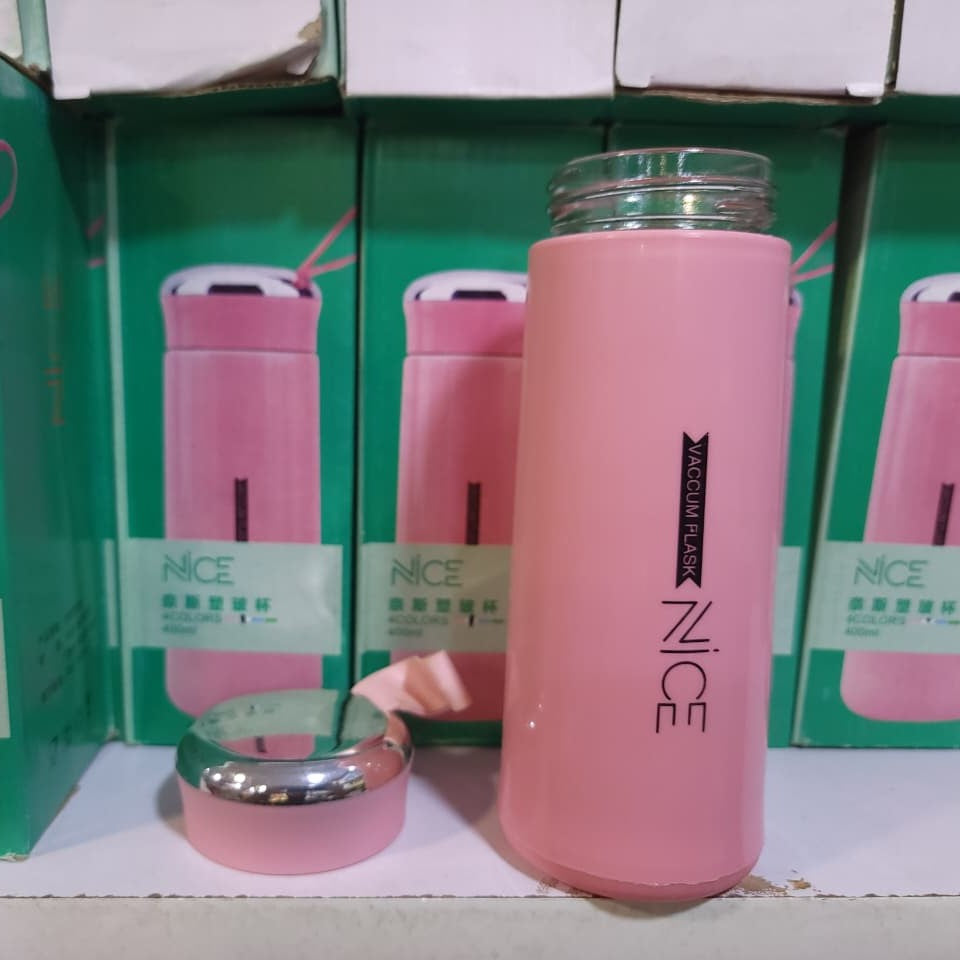 BPA Free Glass Water Bottle 400ml – Portable Tumbler with Protective Plastic Shell