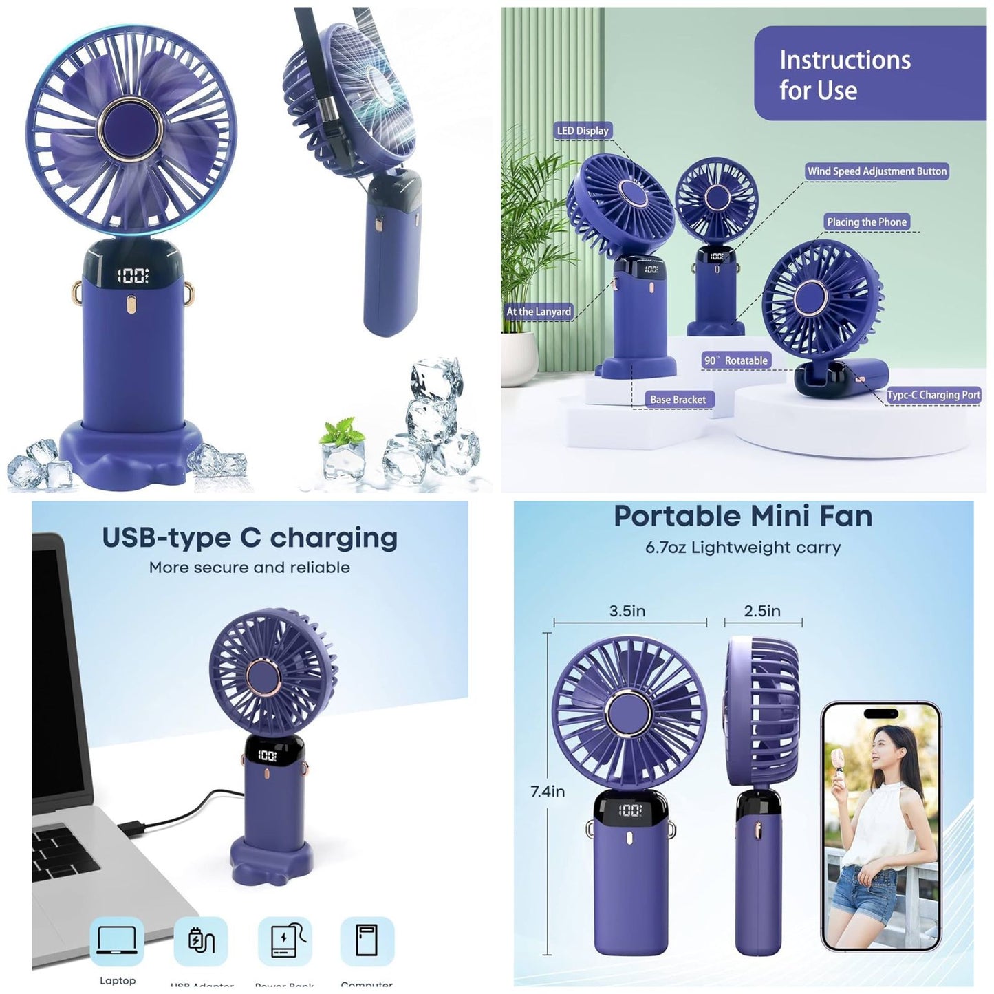 Digital Display Portable Mini Fan – 5-in-1 Multipurpose USB-C Rechargeable Handheld Fan (Random Color)