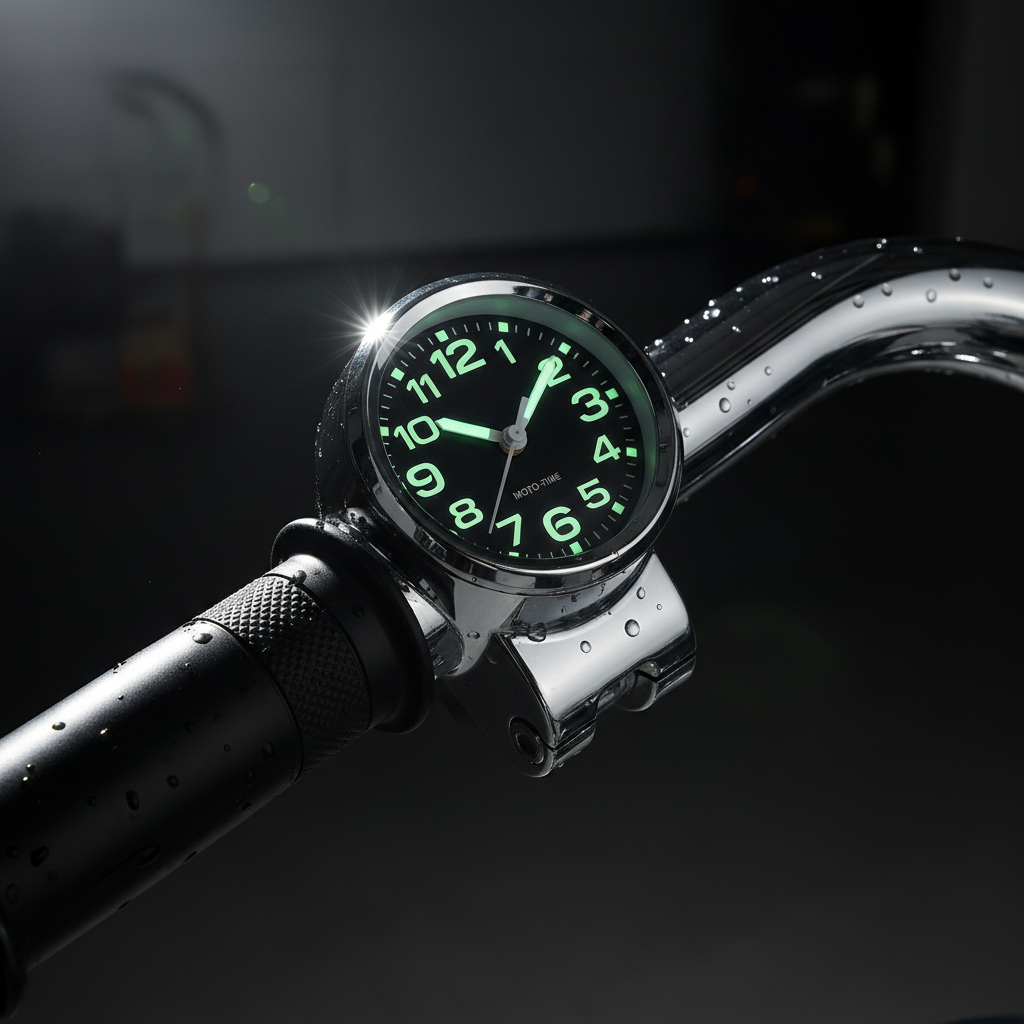 Chrome motorcycle handlebar clock with luminous dial