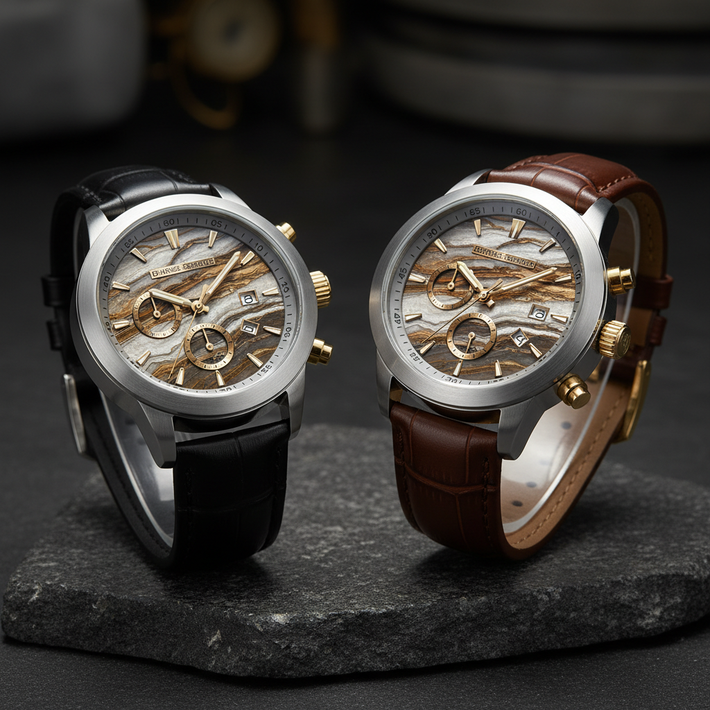 CTR Stone Men's Watch bold stone finish dial golden silver tones on granite surface