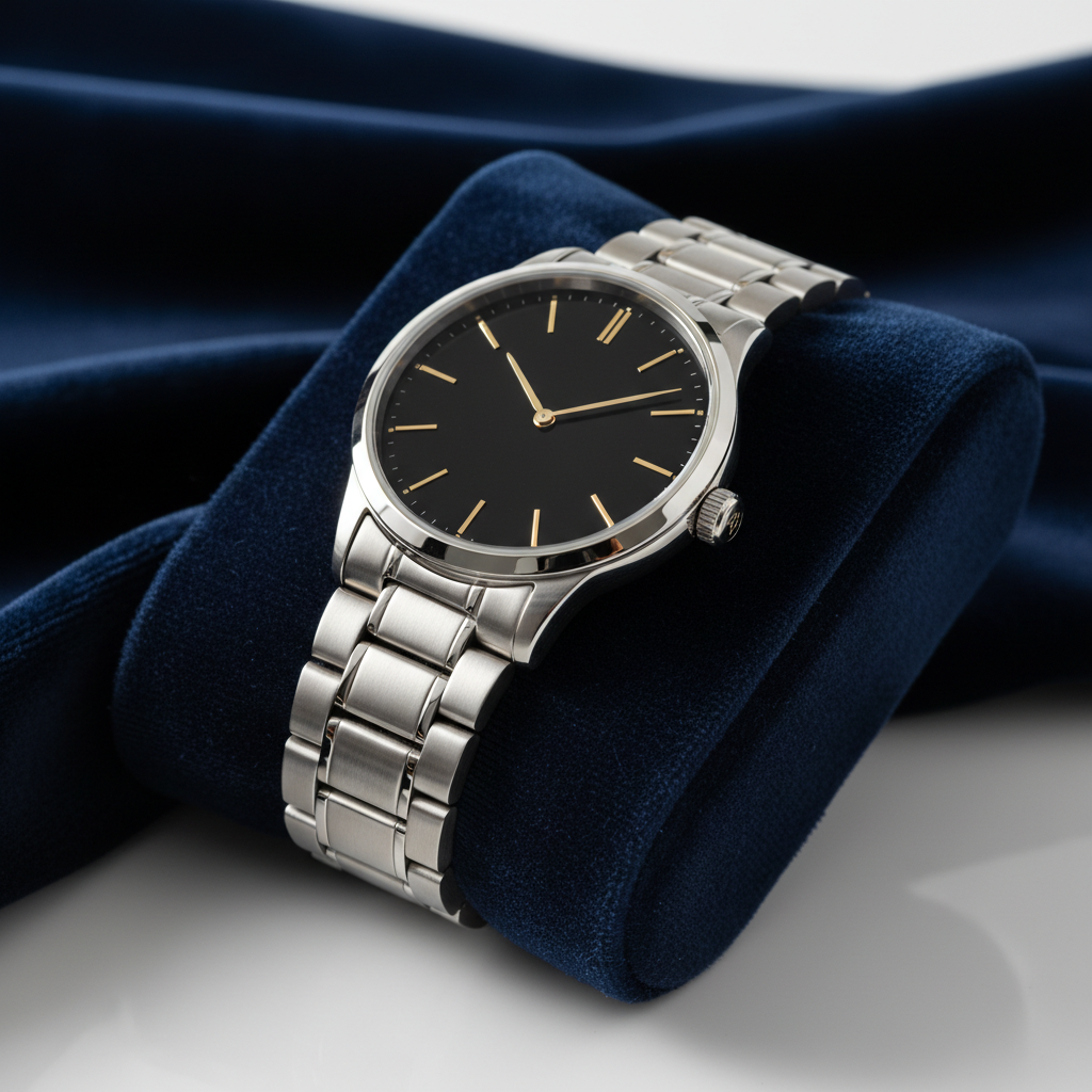 Classic luxury men's stainless steel analog watch black dial on navy velvet
